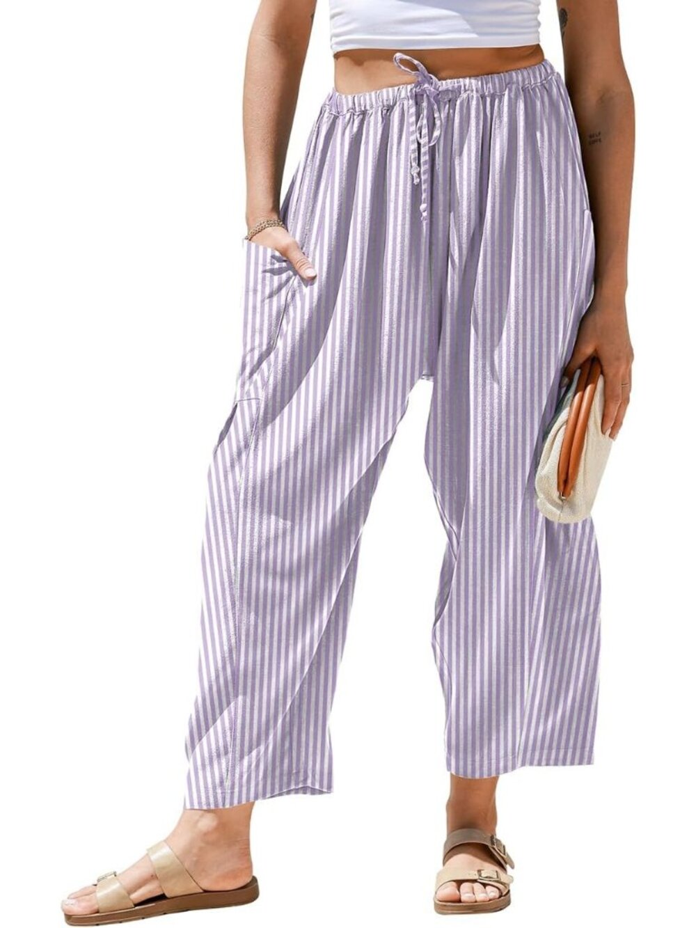 Women's Purple Linen Wide Leg Striped Palazzo Harem Walking Holiday Pants